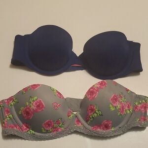 2 PINK VS Multi-Way Bandeau Bra Royal Blue /Floral Print/Gray  Sz34A